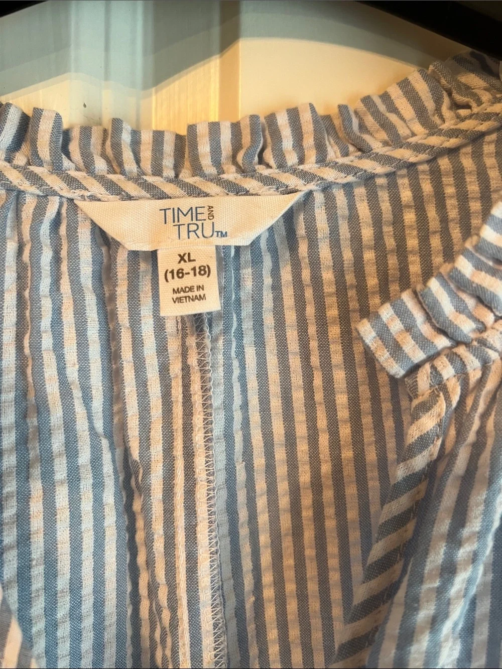 Time and Tru Light Blue and White Striped Ruffle-Trim Cap Sleeve Shift Dress - Picture 2 of 6